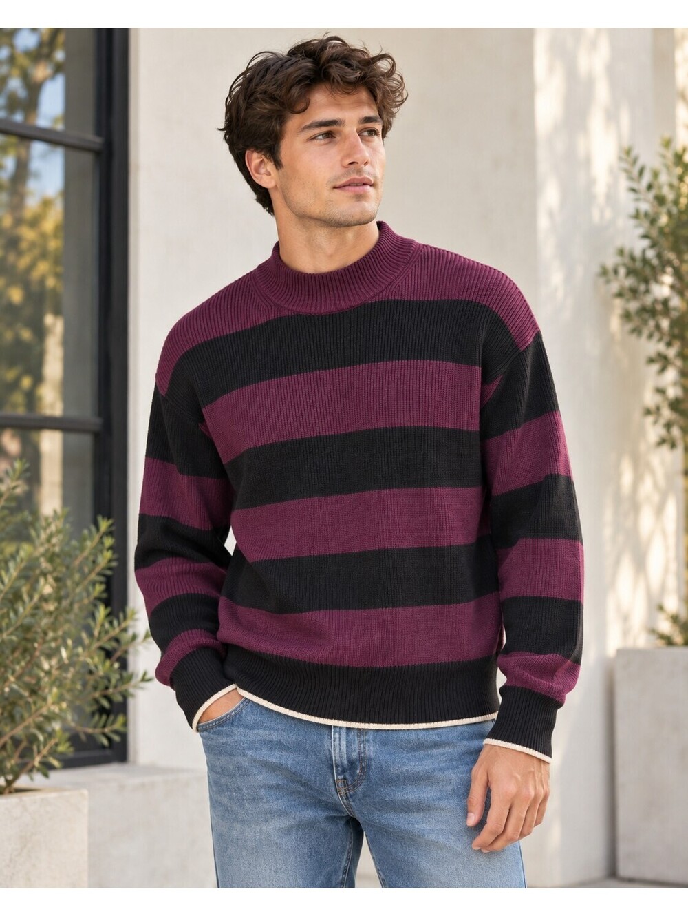 Scotch & Soda Amsterdam Burgundy Black Striped Knit Sweater Men’s M Retro Preppy